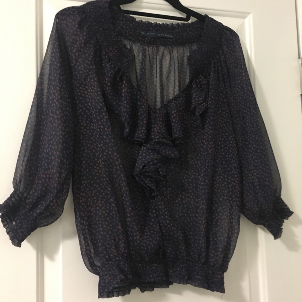 Zara Midsleeve polka dot navy ruffle blouse